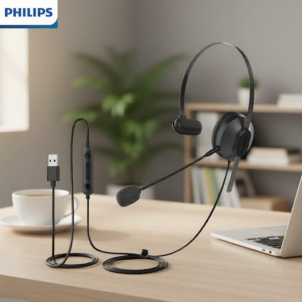 Fone de ouvido com fio Philips SHM1028 em preto, microfone boom, conectado a laptop e copo de café, mesa de madeira, fundo cinza com planta verde