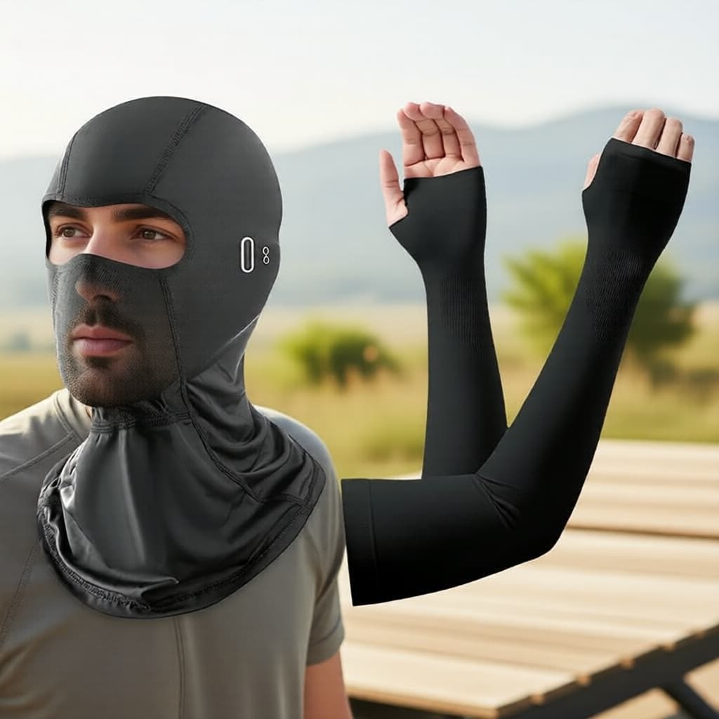 Mangas de proteção solar e máscara facial UPF 50+ para ciclismo, absorção de umidade, preto
