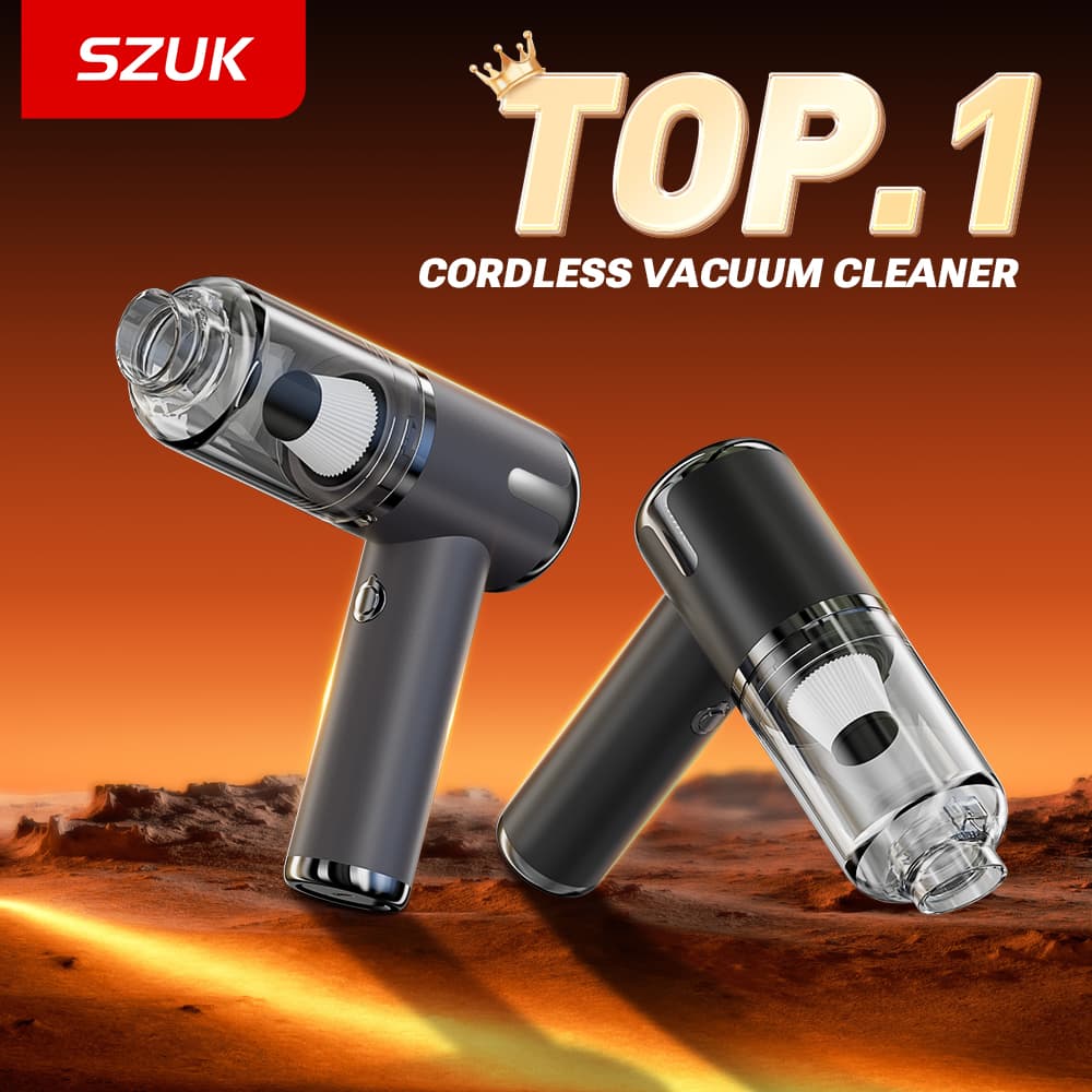 Aspirador de pó portátil SZUK, modelo TOP.1, vácuo sem fio, preto e cinza, fundo laranja