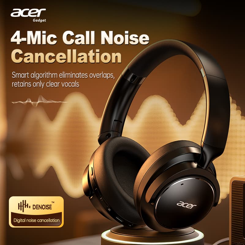 Fones de ouvido Acer OHR560 com cancelamento de ruído ANC, pretos com detalhes em dourado.