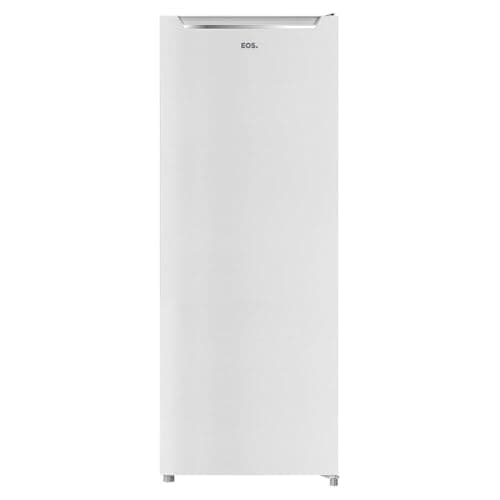 Freezer vertical branco EOS EFV250 110V, 176 litros, contra fundo branco, com porta de vidro transparente e alça de metal.
