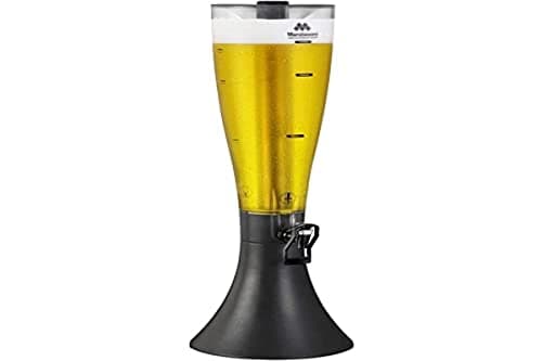 Torre de chopp transparente com preto, cheia de cerveja amarela, com bico preto e base preta.
