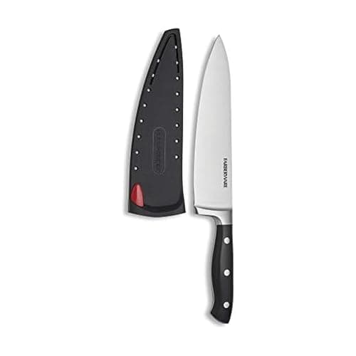 Faca de chef Farberware 5173577 Edgekeeper, lâmina de aço inoxidável, cabo preto com rebites triplos, bainha autoafiável.