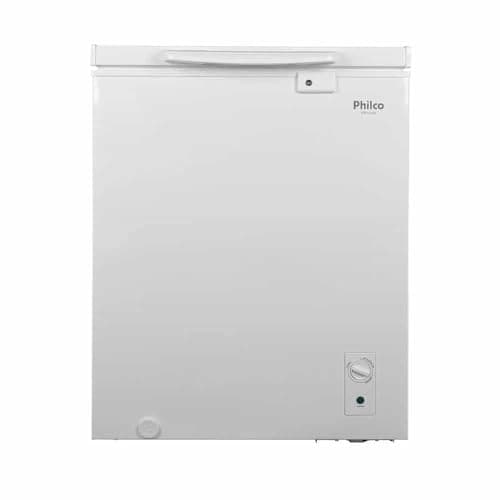 Freezer horizontal Philco 143 litros, cor branca, com controles visíveis na parte superior.