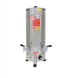 Cafeteira Elétrica Inox Polido 10 litros CAF10 Consercaf, corpo cilíndrico de aço inoxidável, dois bicos de saída, rodízios, fundo branco