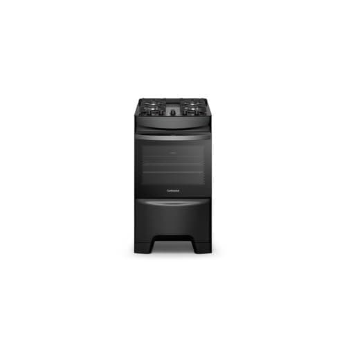 Fogão 4 Bocas Continental Preto Mesa de Vidro Forno Eco Turbo Grades Ferro Fundido