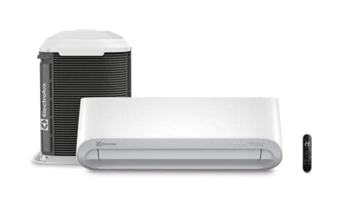 Ar-condicionado Electrolux Split 18.000 BTUs Color Adapt Frio com Wi-fi (YI18F/YE18F) 220V, unidade externa preta e unidade interna branca, fundo branco, controle remoto.