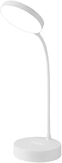 Luminária de mesa LED branca com braço flexível e base circular, acesa emitindo luz suave.