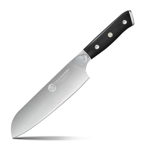 Faca Santoku de 7 polegadas com cabo ergonômico, lâmina de aço inoxidável e cabo preto.