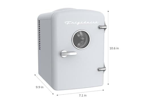 Frigidaire Mini refrigerador de geladeira pessoal branco, capacidade de 3,5 L para seis latas, incluindo plugues para saída de casa e carregador DC, 25 cm D x 18 cm L x 26 cm A