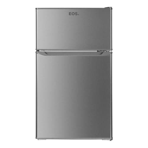 Frigobar Eos 88 Litros Duplex Inox Efb140di 110v, cor prata, portas duplas, fundo branco, logo EOS