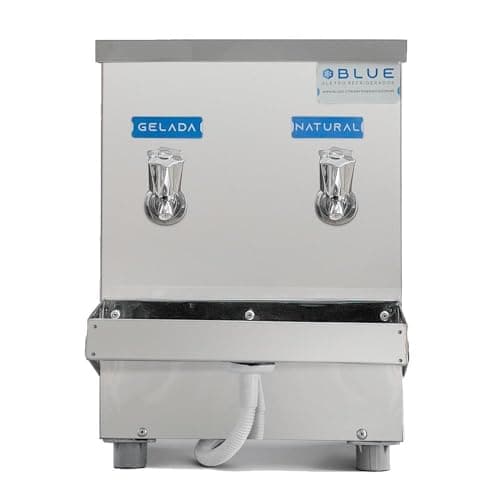 Bebedouro purificador industrial Blue, 10L, aço inoxidável, duas torneiras, água natural e gelada, etiquetas azuis