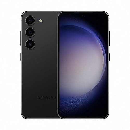 Samsung Galaxy S23 5G preto com três câmeras traseiras e tela frontal abstrata