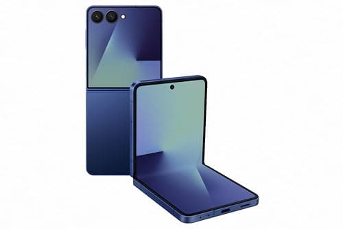 Smartphone Samsung Galaxy Z Flip7 5G 256GB 12GB RAM, câmara dupla 50MP, Galaxy AI, em azul, aberto