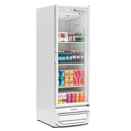 Refrigerador vertical branco 570 litros Gelopar com bebidas coloridas
