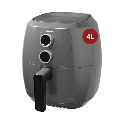 Fritadeira elétrica sem óleo cinza 4L com controles e alça de manuseio, fundo branco.
