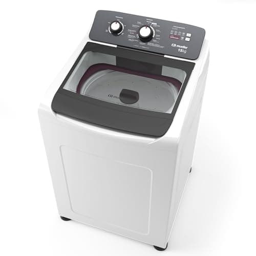 Máquina de lavar roupa automática branca e preta 15kg, porta aberta, fundo branco