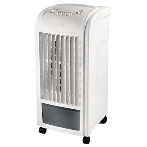 Ar condicionado portátil branco com grelhas de ventilação e rodas pretas