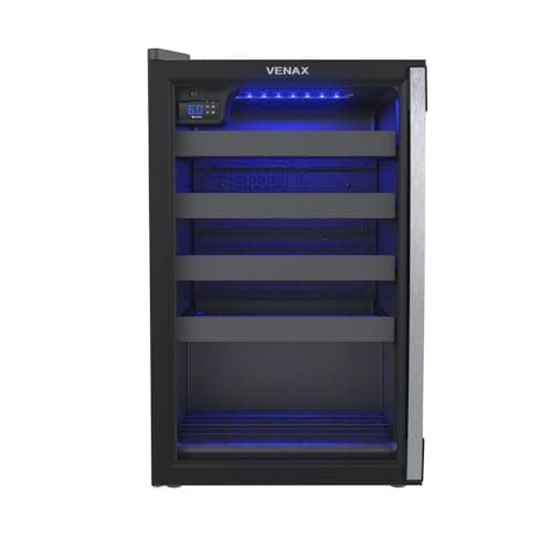 Adega Venax Piubella 100L com porta invertida, iluminação azul e display digital.
