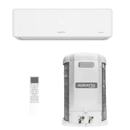 Ar-condicionado split Agratto Fit Top 24.000 BTUs R-32, unidade externa e interna brancas, controle remoto branco, fundo branco