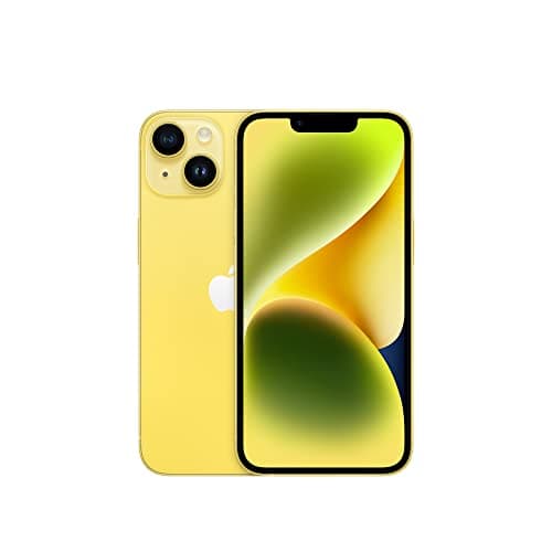 Apple iPhone 14 512 GB amarelo, vista lateral, câmera traseira e parte da tela visível