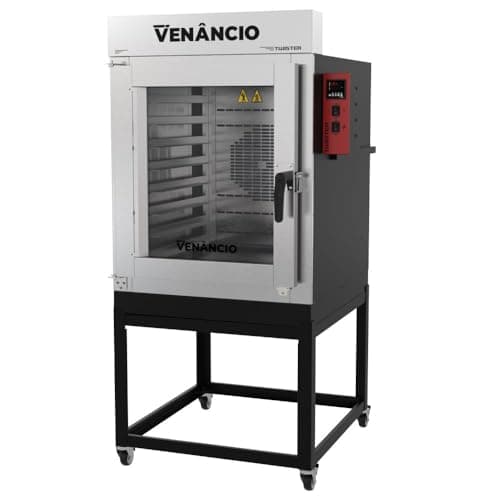 Forno industrial turbo elétrico Venâncio Twister 8 com 8 esteiras, aço carbono, painel de controle vermelho e amarelo, cavalete com rodas