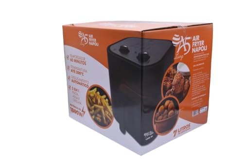 Caixa da Air Fryer A5 NapoliI 7,0 Litros 1800 W 127 V, com fundo branco e detalhes em laranja e preto.