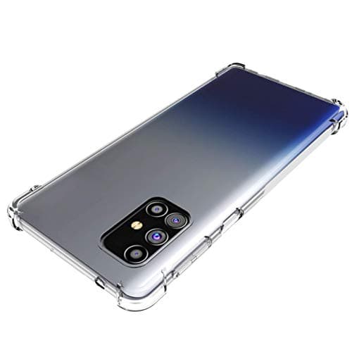 Capa transparente para celular Galaxy M31s, mostrando a câmera traseira e bordas reforçadas.