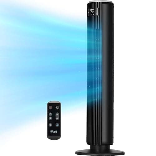 Ventilador de torre preto com controle remoto e exibição digital mostrando '05'.