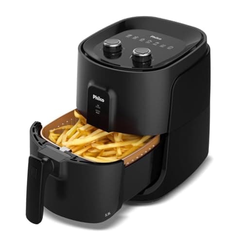 Fritadeira Air Fryer Philco 5,5L com cesto quadrado preto aberta mostrando batatas fritas