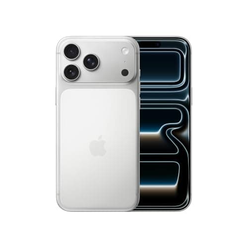 Imagem do iPhone 17 Pro Max prateado, mostrando a parte traseira com três câmeras e o logotipo da Apple.