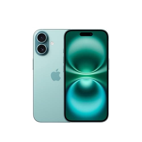 Apple iPhone 16 (256 GB) Verde-acinzentado em fundo branco, mostrando a parte traseira com câmera dupla.
