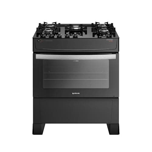Fogão de cinco bocas preto com mesa de vidro e logo BRAS