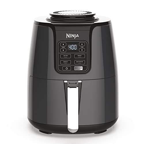 Fritadeira a ar Ninja, capacidade de 4 litros, cinza e preto, com interface digital e botões de controle.