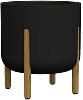 Vaso cilíndrico preto com pernas de madeira, 33 cm de altura