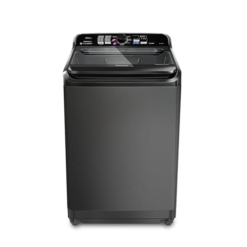 Máquina de lavar Panasonic NA-F150B1T 15kg, preta, isolada em fundo branco.