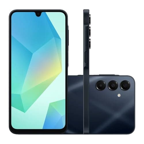 Smartphone Samsung Galaxy A16 5G, azul escuro, com câmera quadrupla e leitor de impressão digital