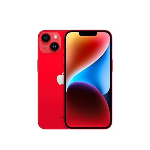 iPhone 14 (256 GB) em cor (PRODUCT) RED, mostrando câmera traseira dupla e logotipo da Apple.