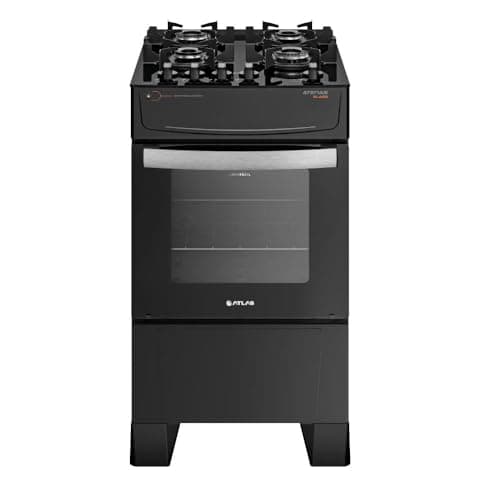 Fogão 4 bocas Atenas Glass preto com mesa de vidro, modelo moderno com porta de vidro e queimadores metálicos.