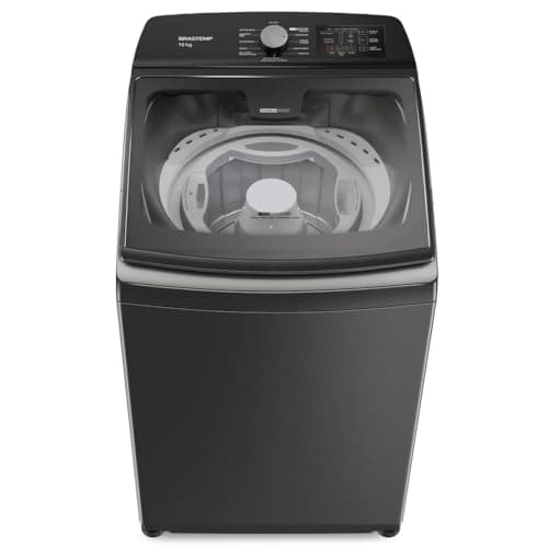 Máquina de Lavar Brastemp 16kg Titânio com tampa aberta mostrando o tambor.