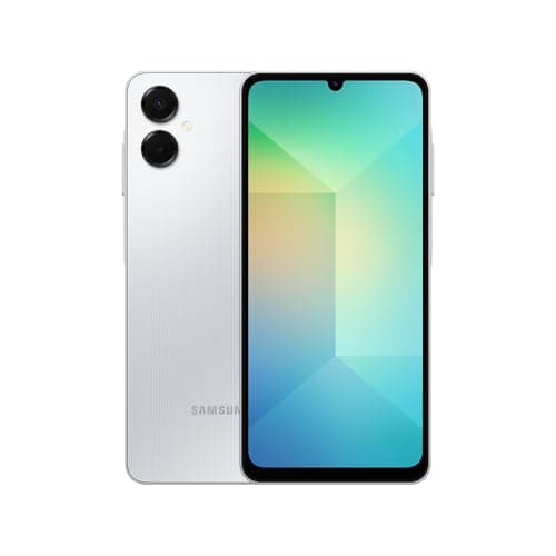 Imagem frontal e traseira do celular Samsung Galaxy A06 5G, cinza, com câmeras duplas na traseira e bordas finas.