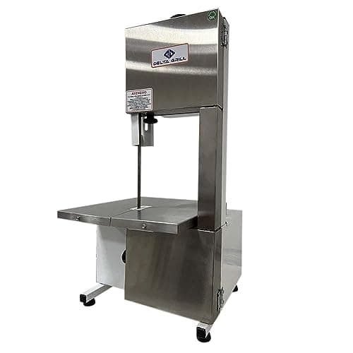 Serra de fita industrial Delta Grill em aço inoxidável, com rodas e corte em ângulo, fundo branco