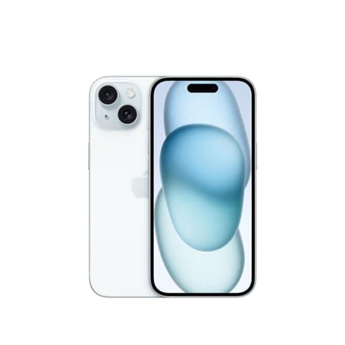 Imagem do Apple iPhone 15 (128 GB) em azul, com fundo claro e câmera traseira dupla.
