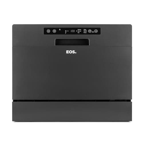 Lava-louças EOS 6 Serviços Prata Titanium ELL06S 220V em preto, frontal, contra fundo branco