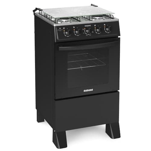 Fogão Itatiaia 4 Bocas Star Clean New Preto com quatro queimadores e forno, cor preta, em pé.