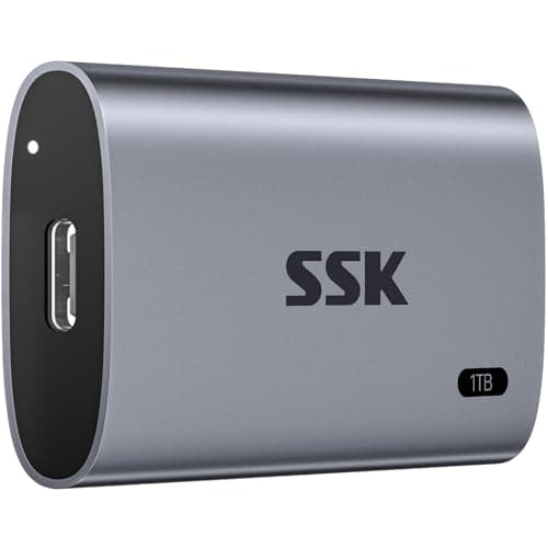 Vista lateral do SSD Externo SSK 1TB cinza e preto destacando o logotipo SSK e a capacidade de 1TB.