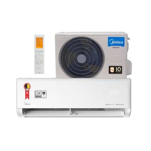 Ar Condicionado Split 12000 Btus Midea, branco com detalhes em azul e preto, controle remoto ao lado
