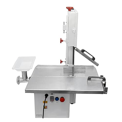 Serra Fita De Bancada Bigolar 1/3 CV Bocal 7 Mesa Móvel Bivolt, estrutura prateada com botões de controle coloridos.