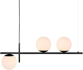 Pendente com três esferas de vidro fosco rosa e suporte preto, ideal para sala e mesa