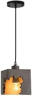 Luz pendente de cimento com recorte quadrado moderno, iluminação interior amarela, acabamento cinza áspero, cordão preto ajustável